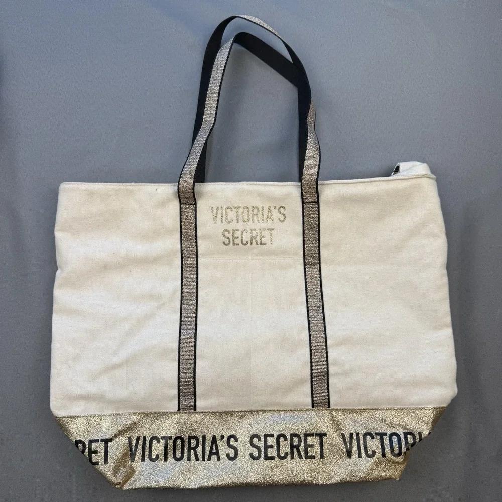 Victoria's Secret Canvas GOLD GLITTER‎ Tote Bag Zip Closure EUC